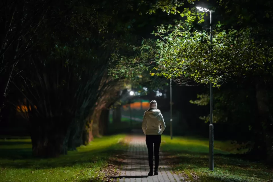 View from back of woman walking on well-lit small paved path at night.
